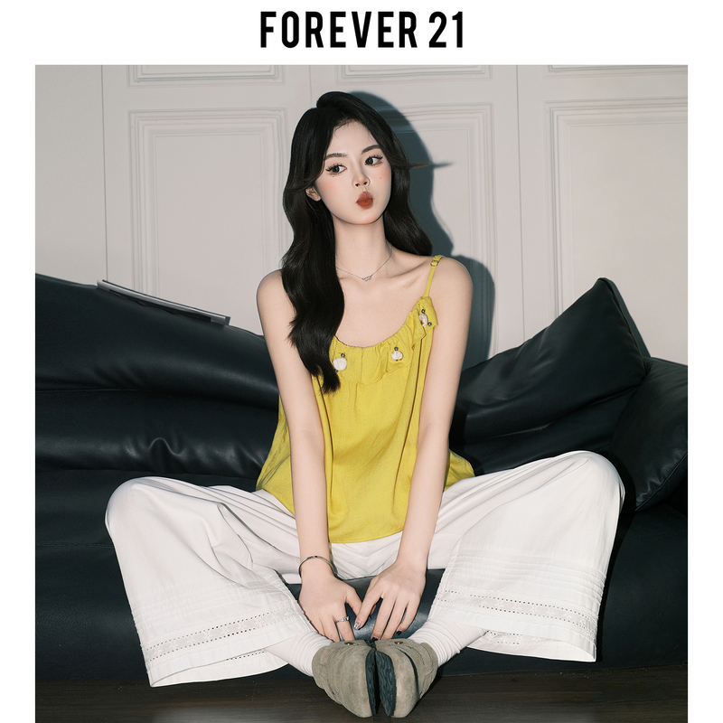 Forever21 Dopamine Yellow U-Neck Ruffled Strapless Women's Vacation Style Loose Vest Sleeveless Linen Top