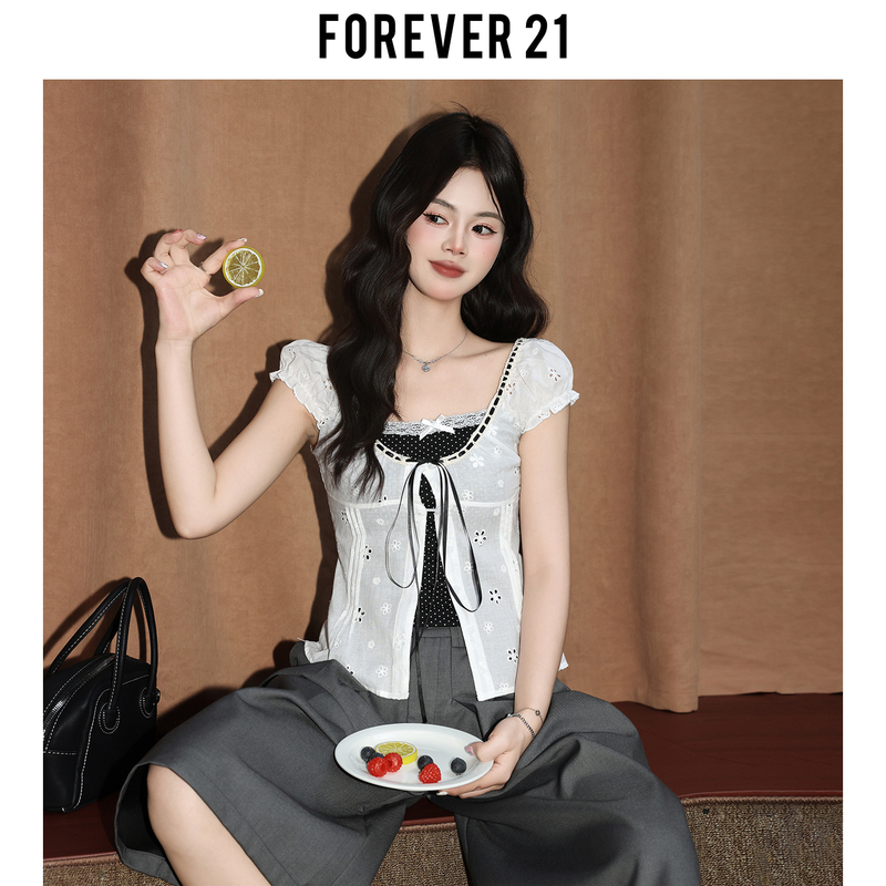 Forever 21 Super Pretty Lace Fake Two-Piece Blouse for Women, Summer Pure White Slim Fit Puff Sleeve Shirt Top