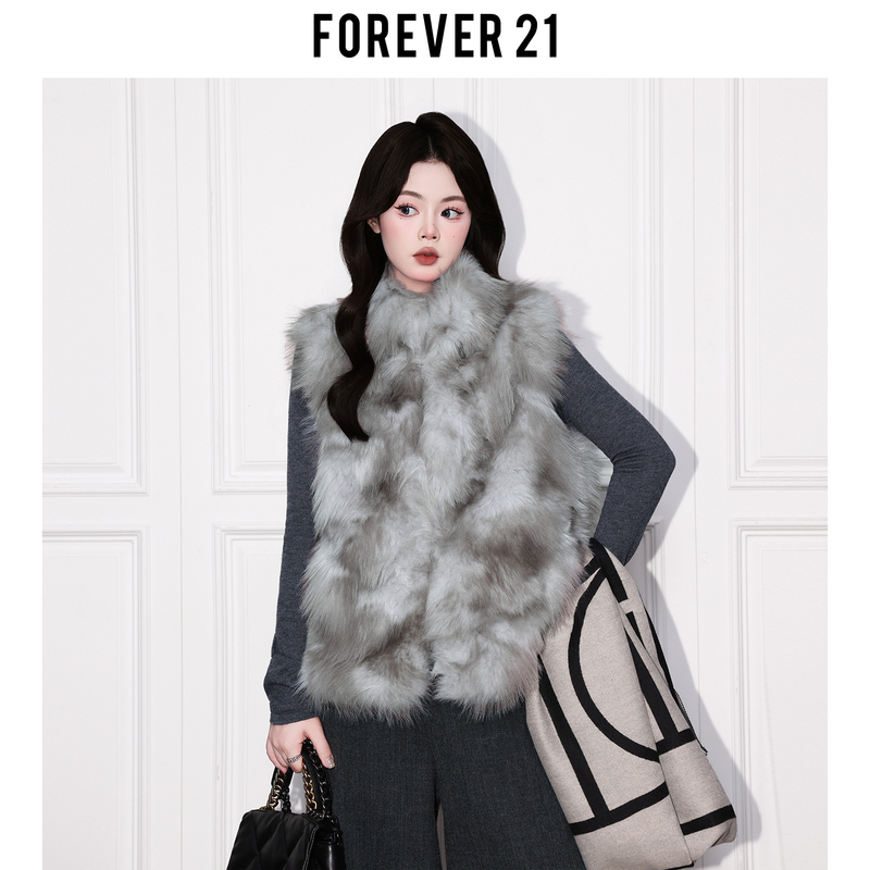 Forever 21 Stylish Gray Stand-Up Collar Layered Loose Vest for Women, Elegant Sleeveless Shawl Fur Coat