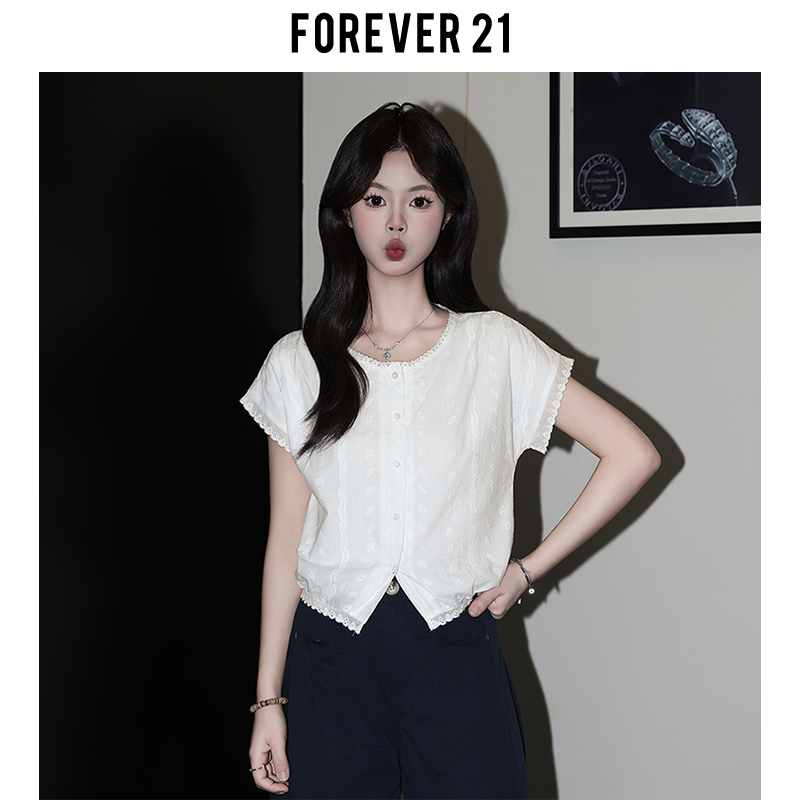 Forever 21 French-Style White Hollow-Out Loose Short-Sleeve Shirt for Women, Summer Korean-Style Lace Round-Neck Top