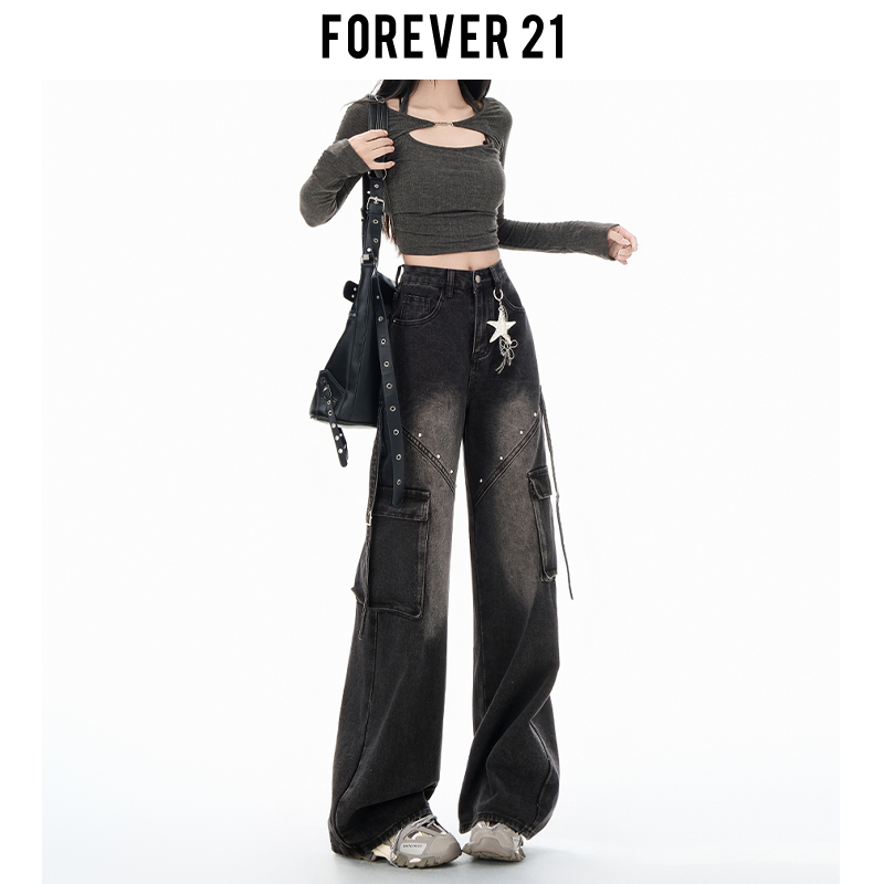 Forever 21 High Street Retro Black Studded Workwear Jeans for Women, High-Waisted Loose American-Style Wide-Leg Long Pants