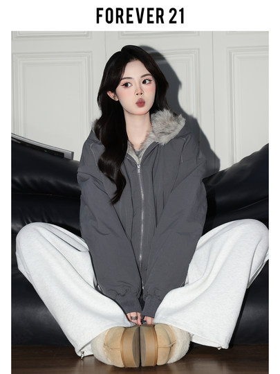 Forever 21 American Retro Gray Hooded down Jacket for Women, Loose Fit, Plush Warm Jacket