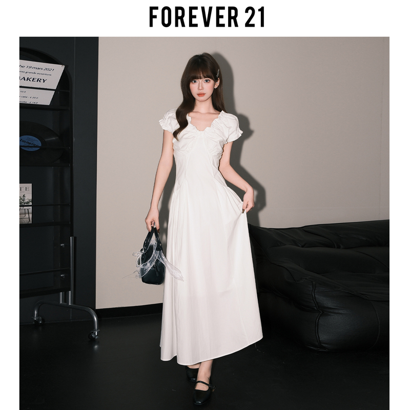 Forever 21 Super Pretty White Lace V-Neck French Dress for Women, Sweet Puff Sleeves, Waist-Cinching A-Line Long Dress