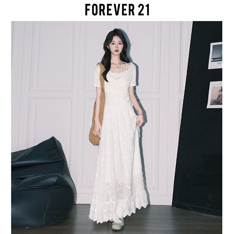 Forever21 夏の美しいレースジャカードAラインスカート女性フレンチホワイトドレープビッグスイングケーキロングスカート
