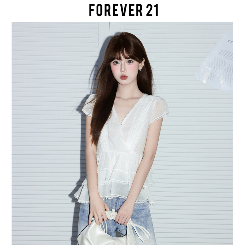 Forever21 Super Pretty V-Neck Ruffled Doll Shirt for Women, Summer White Lace Tie Loose Shirt Top