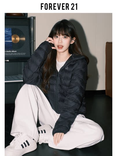 Forever 21-Chaqueta holgada de estilo coreano para mujer, chaqueta con capucha y cremallera doble, color blanco roto, invierno