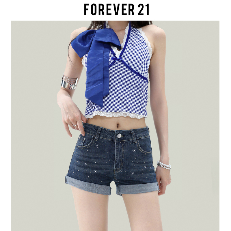 Forever 21 Star-Studded Rhinestone Rolled Hem Denim Ultra-Short Shorts for Women, Dark Blue Low-Waist Hip-Hugging Hot Pants