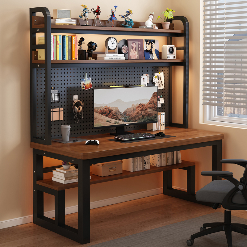 Desk and Bookshelf Integrated Study Table, Bedroom Home Office Desk, Double Gaming Table, Student Computer Desk with Pegboard