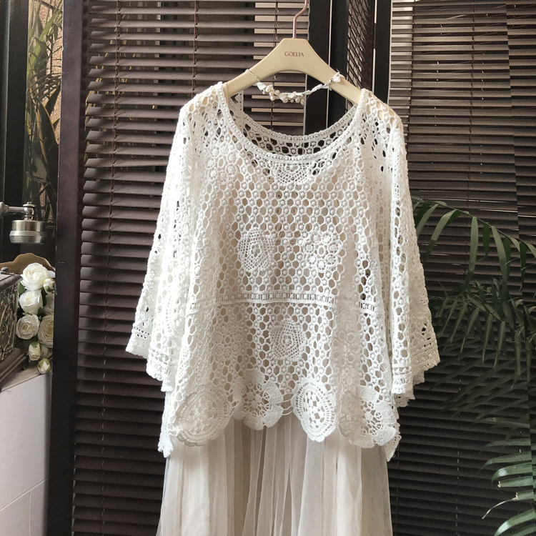 2026 Spring/Summer New Lace Long Sleeve Hollow Mesh Shirt Embroidered Fashion Cover-Up Beach Vacation Women's Shawl Sunscreen Clothing
