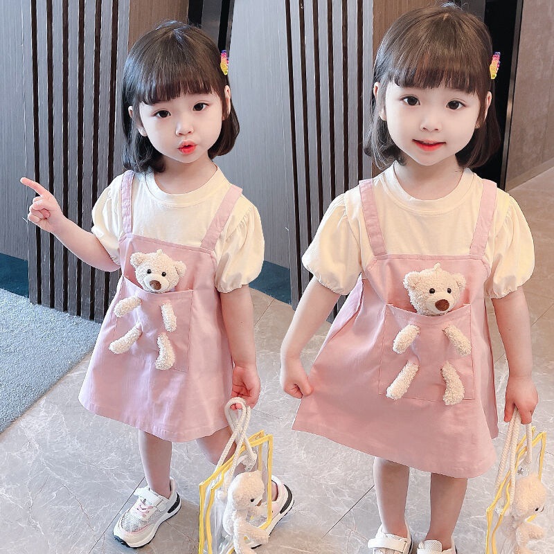 Girls' Summer Dress with Cute Cartoon Bear Design, Short-Sleeve Faux Two-Piece Princess Dress for Little Girls