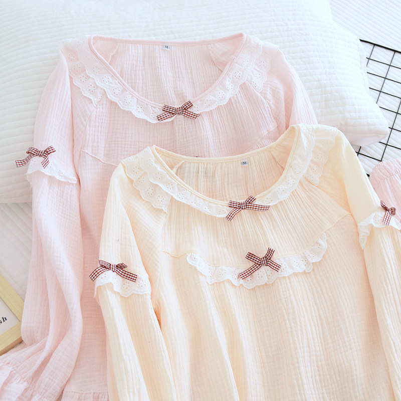 Spring Autumn Season Pyjamas Woman Long Sleeve Pure Cotton Double Layer Gauze Summer Full Cotton Home Conserved Casual Suit Sweet And Thin