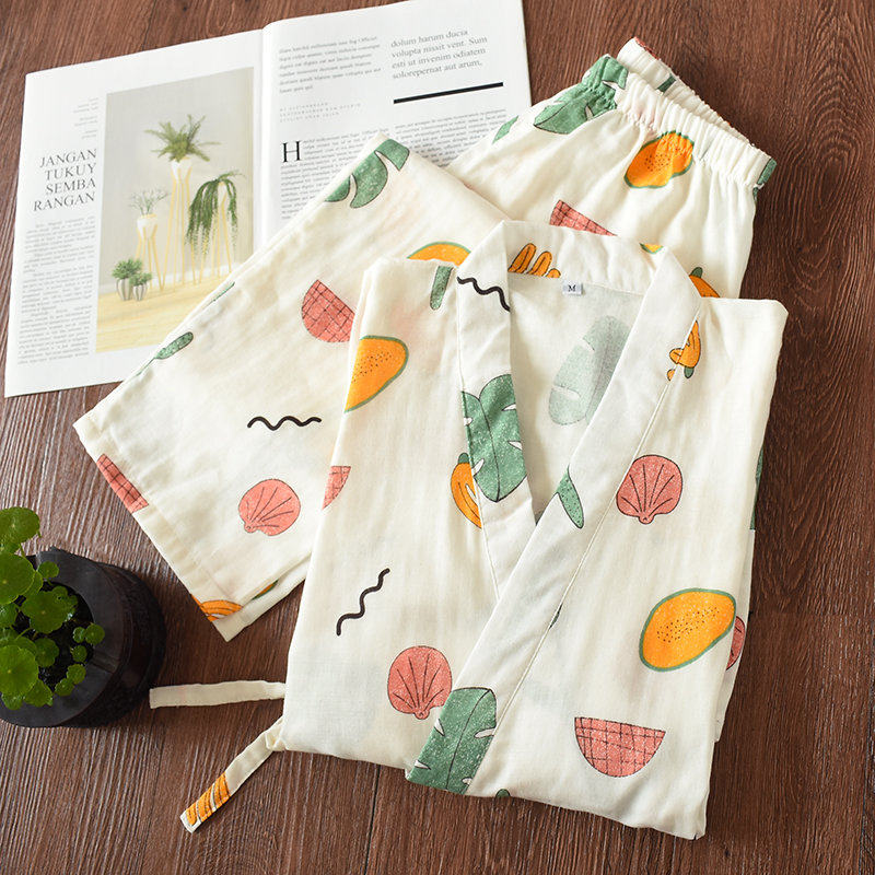 Lady Money Pure Cotton Sleeping Clothes Spring Summer Fall Full Cotton Gauze Middle Sleeve Long Pants Day Style Kimono Suit Foreign Trade