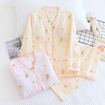 With Chest Cushion Day Series Sweetness Bubble Yarn Pure Cotton Cotton Cloth Pajamas Woman Spring Autumn Money Summer Full Cotton Home Suit Suit