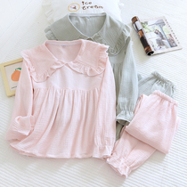 New pyjamas womens spring autumn summer pure cotton cloth crepe cloth long sleeves can be worn out of autumn and winter full cotton Home Clothing Suit Thin
