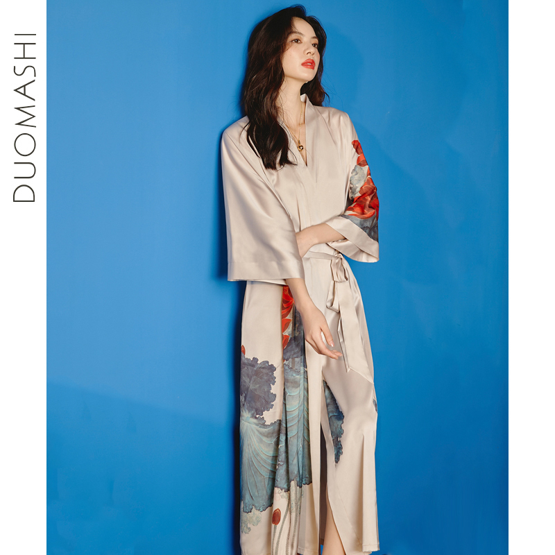 Nightgown, Ice Silk Bathrobe, Bridal Dressing Gown, Extra-Long Large Size Satin Pajamas for Women, Summer Sexy Mid-Sleeve Printed Cross-Border New Nightgown, Ice Silk Bathrobe, Bridal Dressing Gown, Extra-Long Large Size Satin Pajamas for Women, Summer Sexy Mid-Sleeve Printed Cross-Border New