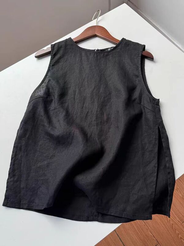 Black Cotton and Linen Slit Sleeveless Vest for Women, 2024 Summer New Style, Loose, Age-Reducing, Casual, Slimming Linen Top