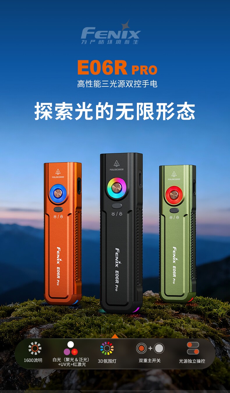 Fenix E06R Pro Flashlight Small Portable Strong Light Spotlight Rechargeable Ultraviolet Ambient Light