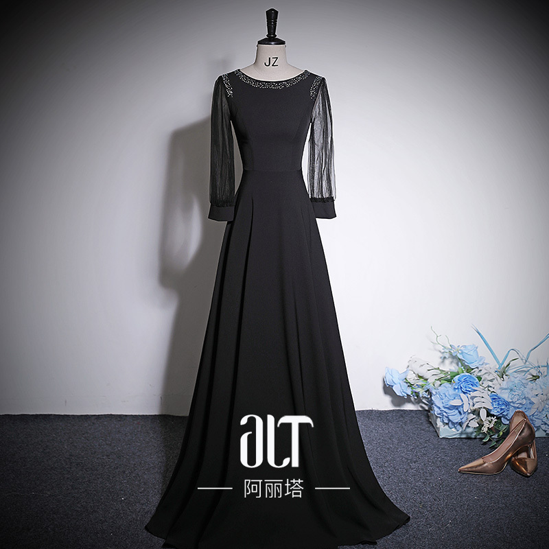 Black Choir Performance Dress for Women, Slimming Conductor Host Evening Gown, Long Performance Costume, High-End
