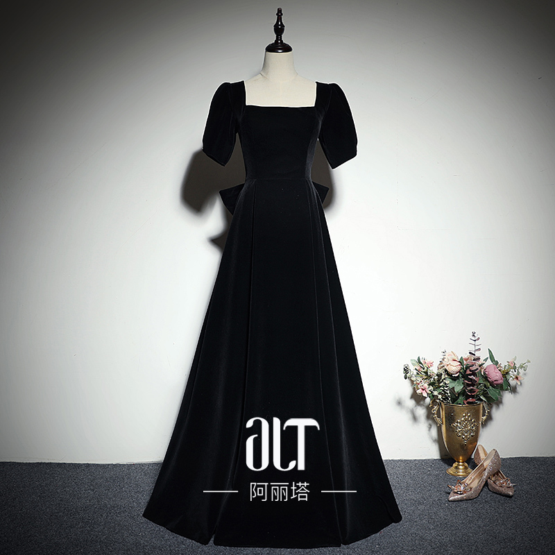 Black Evening Dress for Women, New 2025 High-End Velvet Banquet Slimming Dress, Vocal Art Exam Choir Performance Dress