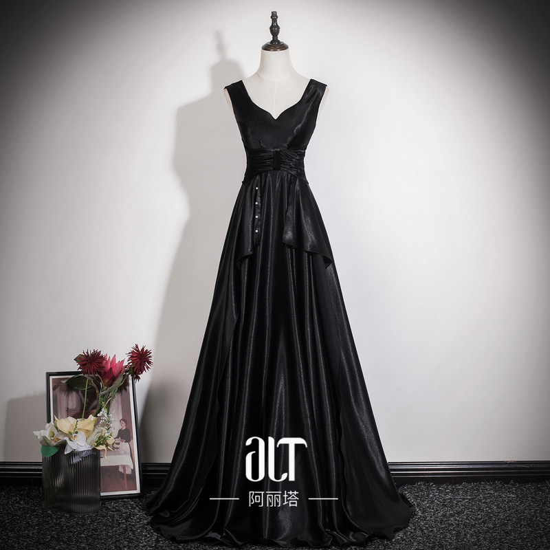 Black V-Neck Sleeveless Satin Long Evening Dress Hepburn Style Black Long Dress Art Exam Vocal Graduation Prom Dress