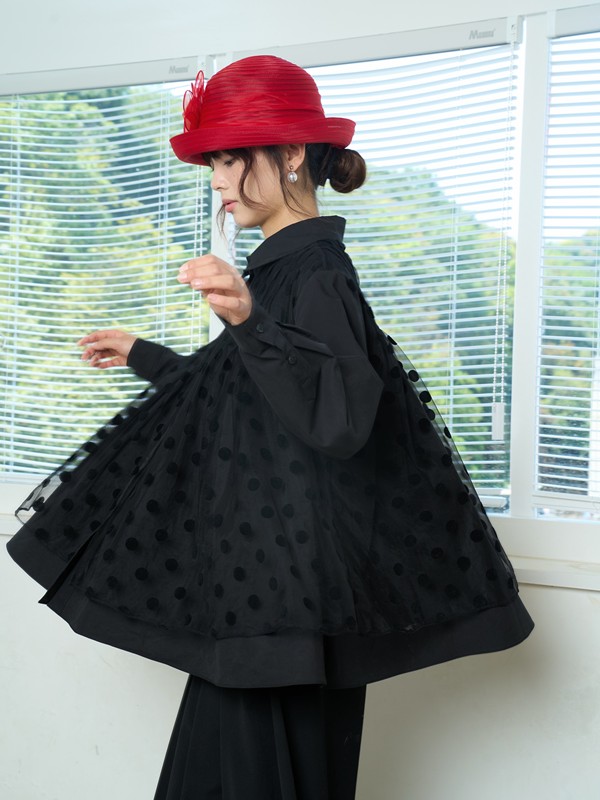 Headsortails "Waltz•Black" Heavy-Duty Black Wave-Patterned Pleated Polka Dot Mesh Spliced Black Shirt