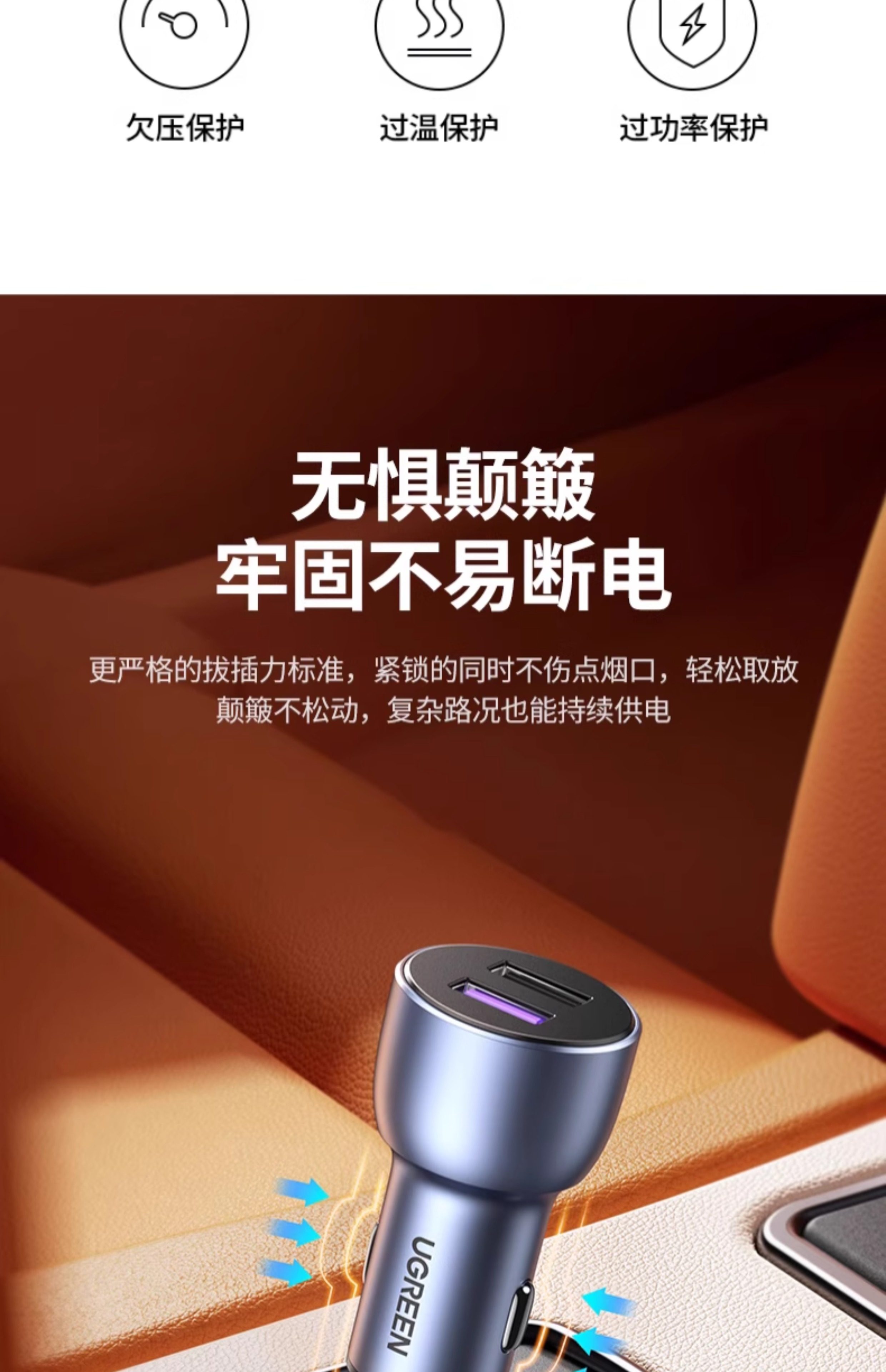 【中国直邮】 绿联 车载充电器 1个 (适合苹果8-15全系/安卓手机) 汽车快充电头一拖二双USB 总功率34.5Wmax