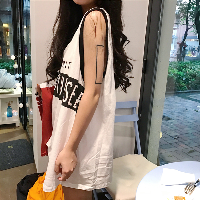 夏季原宿休闲运动无袖T恤背心bf中长款字母印