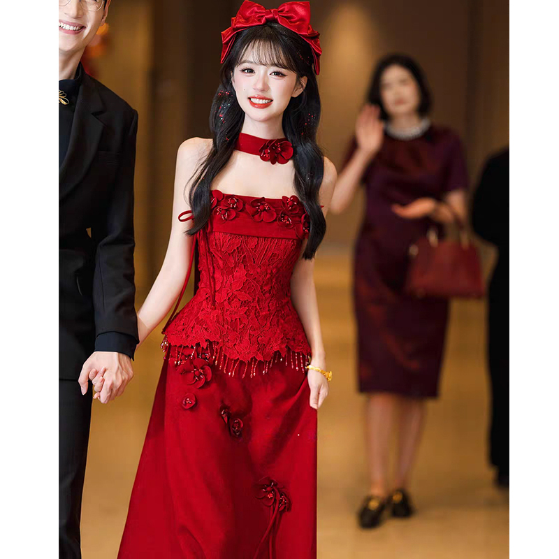 Red Engagement Dress 2026 New Style Wedding Lace Strapless Toast Dress Bridal Robe for Homecoming and Wedding Banquet High-End