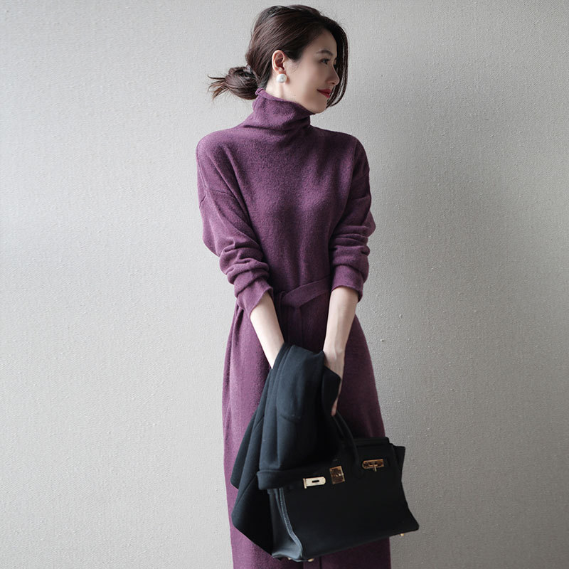 Cut-Label Foreign Trade European Goods Purple Sweater Long Dress for Women, Inner Wear Base Layer Knitted Turtleneck Dress, New Autumn and Winter Style