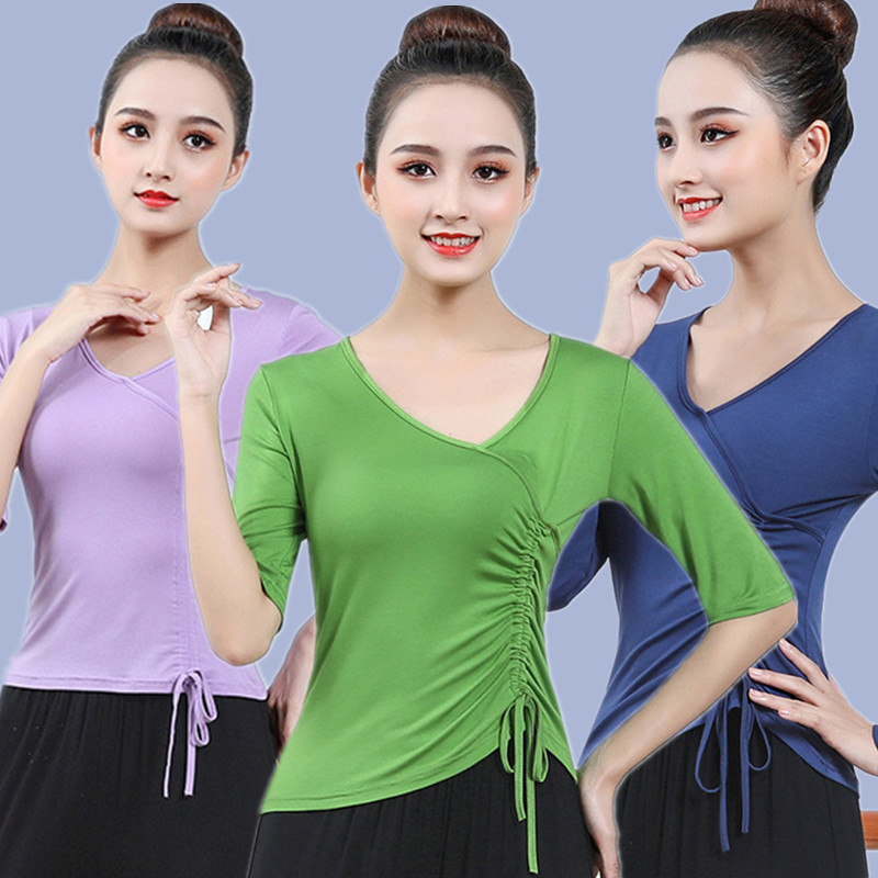 Rope V-collar yoga T-shirt Model Strength Stretch in Latin Dance Costumes in Sleeve Square Dance Costume