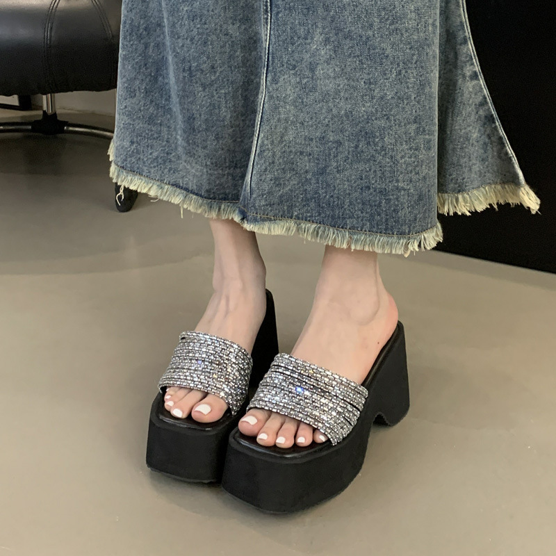 10cm Wedge Heel Super High Heels Waterproof Platform Platform Sandals with Rhinestones for Small People to Increase Height and Wear Outside Slippers for Women Trendy