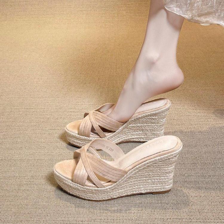 Lightweight Wedge High Heels 10cm Waterproof Platform Platform Sandals Thick-Soled Straw Fashion Fish Mouth Sandals Non-Tiring Slippers for Women