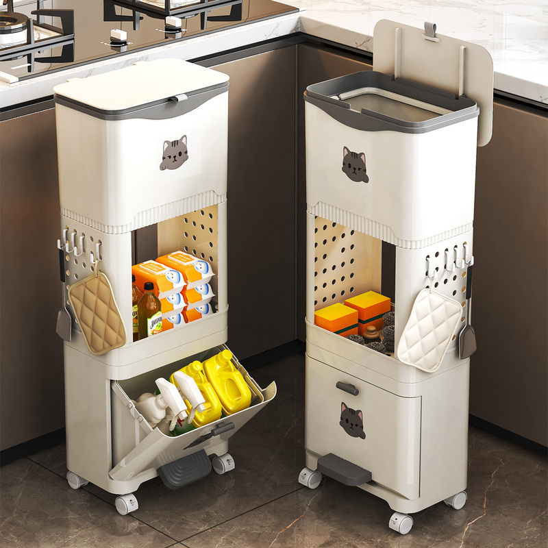 Kitchen Trash Can, Large Capacity, Movable, Tall Model, No Need to Bend Over, Fits in Narrow Spaces, with Lid, Multifunctional Double-Layer Storage Rack