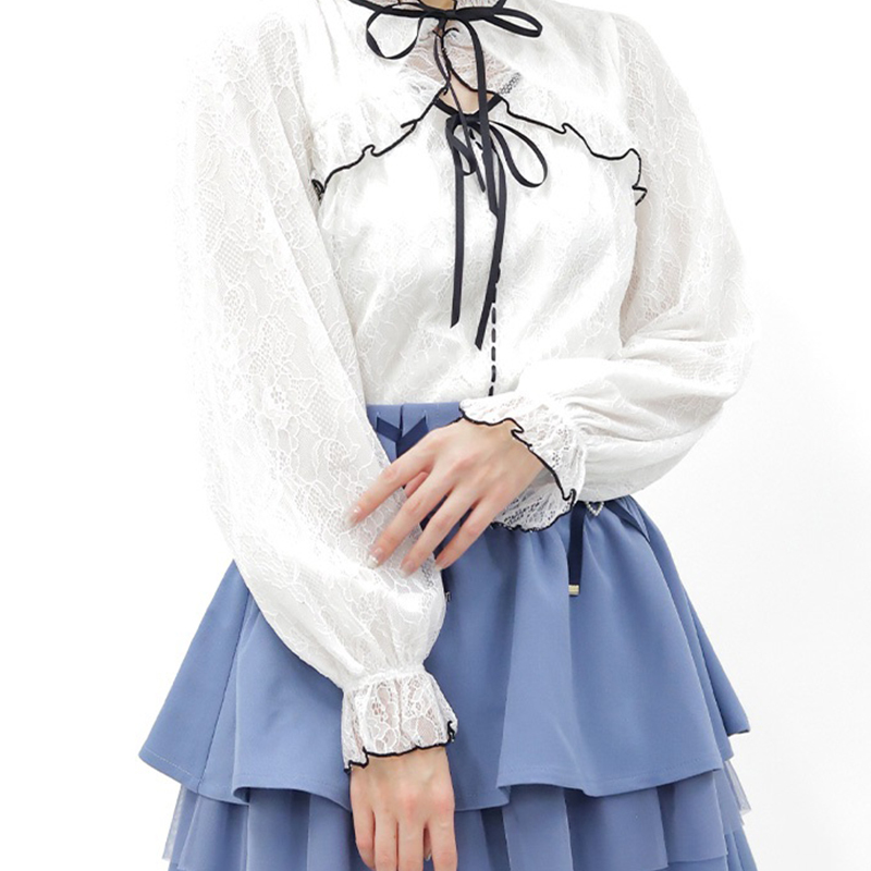 Axesfemme Japanese Sweet Girl Style Bolero-Style Two-Tone Lace Pullover Chiffon Shirt Ci31X20P