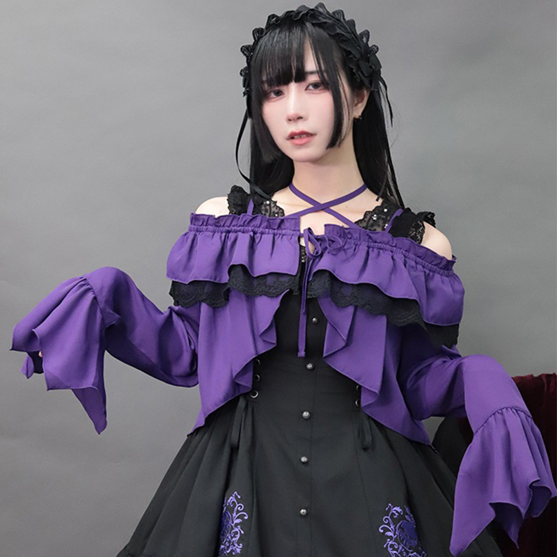 Axesfemme Dark Lace Ruffled Bolero Two-Way Off-Shoulder Batwing Sleeve Jacket Ci61X01Np Axesfemme Dark Lace Ruffled Bolero Two-Way Off-Shoulder Batwing Sleeve Jacket Ci61X01Np