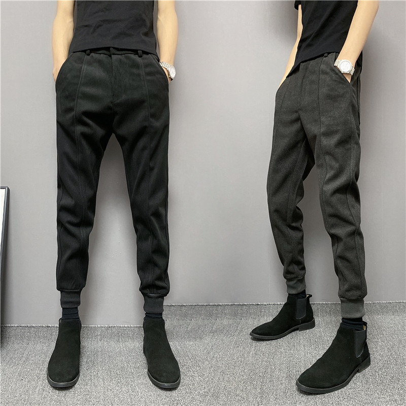 2021 new winter men's thickened tapered casual pants in waist and micro-slings in pure color and small guys pants