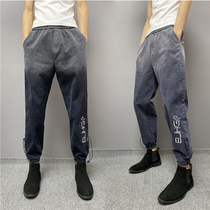 Autumn straight mens toe jeans stitching embroidery Tide brand elastic waist youth casual wide legs small straight pants