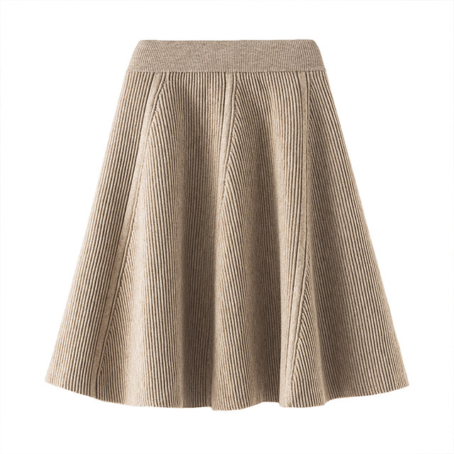 XL ແອວສູງ stretch knitted skirt ສໍາລັບແມ່ຍິງໃນດູໃບໄມ້ລົ່ນແລະລະດູຫນາວ 200 pounds thickened slimming fat sister A-line pleated skirt