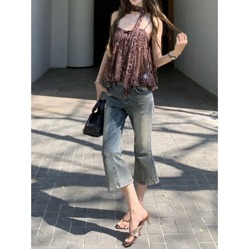American Retro Distressed Flared Denim Capri Pants for Women, New Summer Style, Washed and Vintage, Low-Waisted, Slim Fit Bell-Bottom Pants