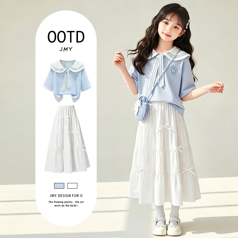 Girls' 2026 New Summer Style, Middle and Older Children's Preppy Style Navy Collar Short-Sleeved Skirt, Korean Style Trendy Outfit