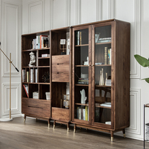 North American black walnut solid wood bookcase combination storage cabinet storage cabinet vertical cabinet bookshelf Japanese modern minimalist glass cabinet