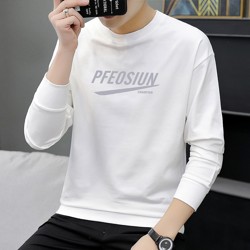 Long-sleeved T-shirt pure cotton men's Korean version of the trend slim fit round neck thick cotton T-shirt men's casual wild print base shirt men's cx