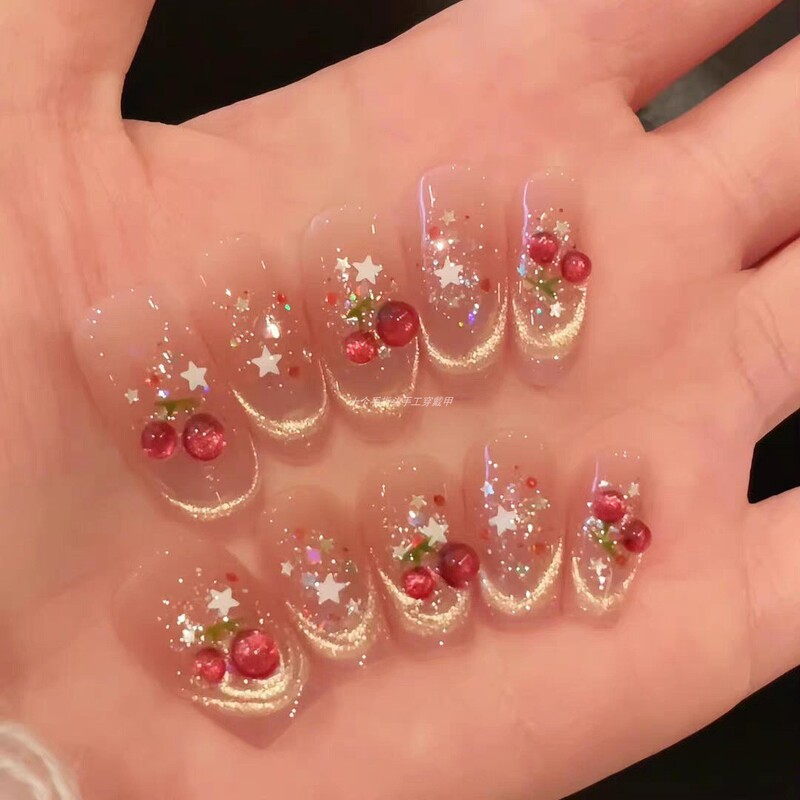 Handmade Gradient Blush Three-Dimensional Cherry Cute Brightening Spring and Summer Cat Eye Nail Stickers