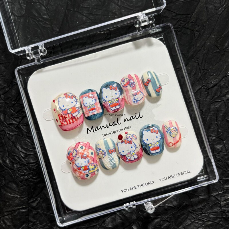【Kt Cat】 Handmade Cute Cartoon 3D Kitty Cat Hand-Painted Plaid Color-Blocking Short Round Nail Stickers