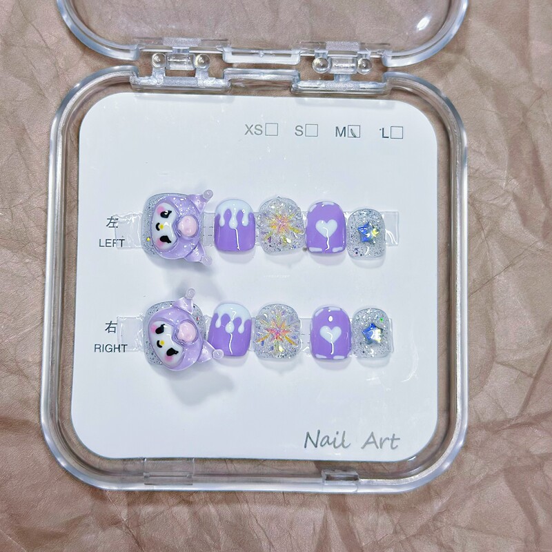 Cute and Sweet Kuromi Children's Nail Art Cartoon Nail Art Handmade Fake Nail Stickers for Girls, Non-Toxic and Odorless Wearable Nails