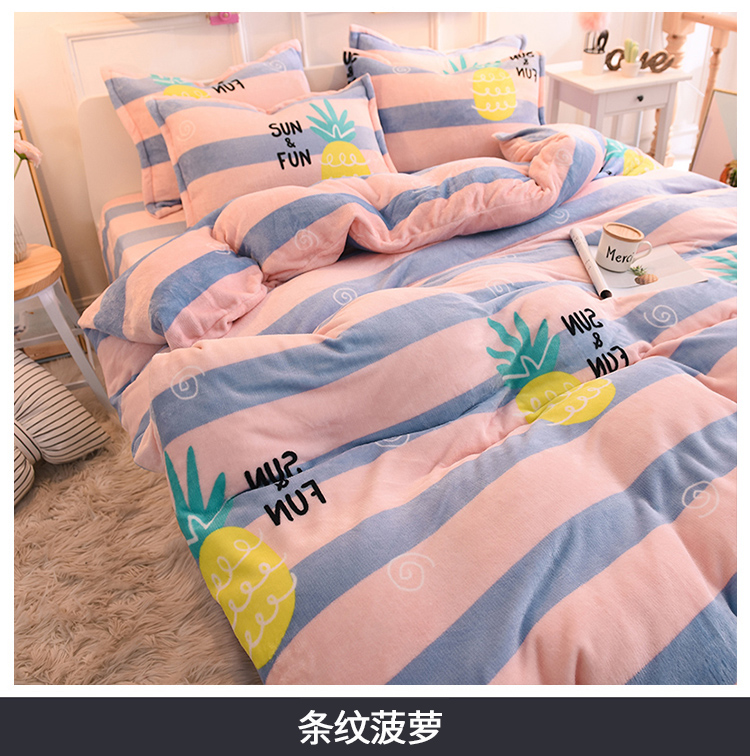 Mùa đông dày san hô lông cừu bốn mảnh chăn lông cừu bao gồm flannel phim hoạt hình sinh viên giường lanh ký túc xá ba mảnh gối kèm chăn