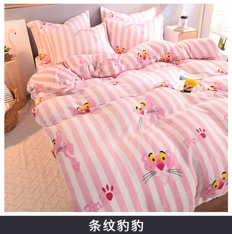 Mùa đông dày san hô lông cừu bốn mảnh chăn lông cừu bao gồm flannel phim hoạt hình sinh viên giường lanh ký túc xá ba mảnh