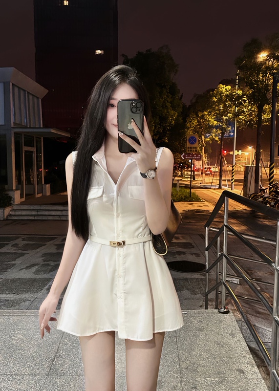Tiktok Influencer 2026 Summer New Style Pure and Alluring Schoolgirl Outfit with Belt, Polo Collar, Sleeveless Shirt Dress, Waist-Cinching Dress