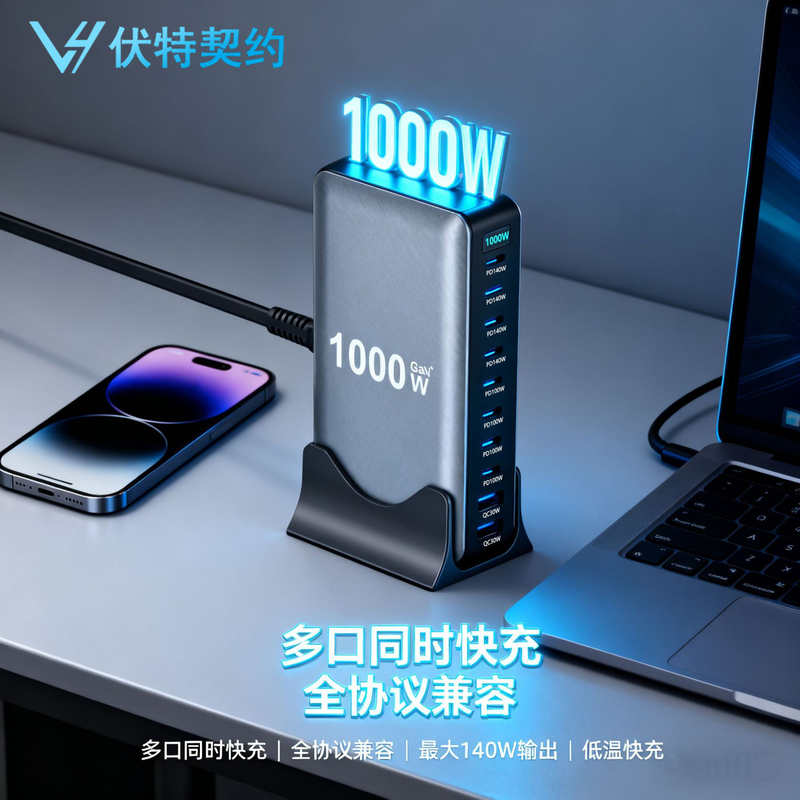 Ten-In-One Ultra-High-Power Gallium Nitride Desktop Charger, 1000W Total Power, Charges 10 Devices Simultaneously, 8C2A Single Port, 140W Full Protocol Fast Charging, Multi-Device Charging Solution for Studios and Gaming Rooms