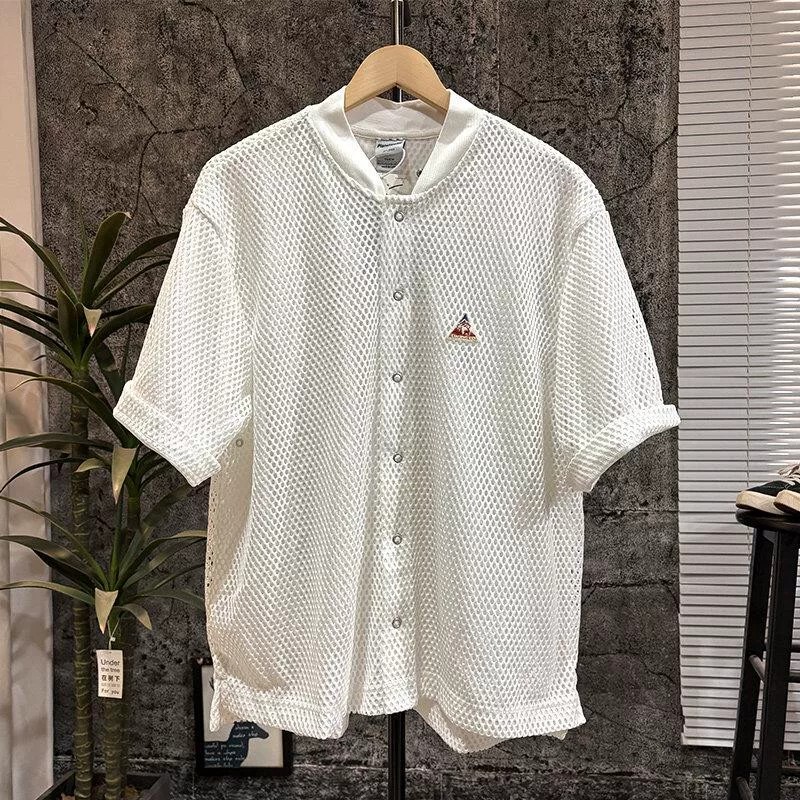 Breathable Mesh Short-Sleeved Shirt for Men, Summer Baseball Collar Button-Down Cardigan, Loose Casual Versatile Trendy Mesh Top Breathable Mesh Short-Sleeved Shirt for Men, Summer Baseball Collar Button-Down Cardigan, Loose Casual Versatile Trendy Mesh Top